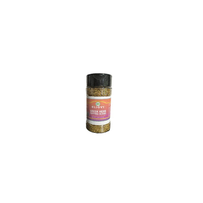 Spice container labeled 'Eliovi Greek Herb Seasoning Blend' on a white background