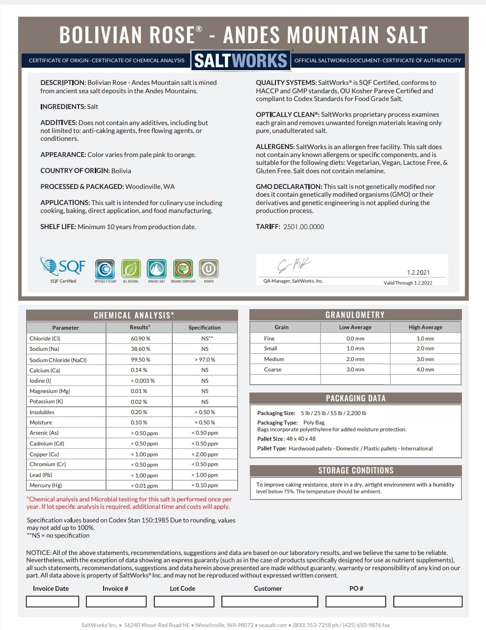 Bolivian Rose® Andes Mountain Salt, Fine Grain Hand-mined - Kosher and Authentic Certified- - Shaker Jar (6.5 oz). Specs sheet. Distributed by Alpha Omega Imports
