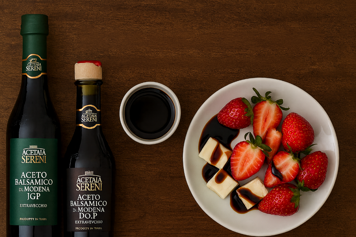 Acetaia Sereni Balsamic Vinegar of Modena IGP and DOP bottles with Mediterranean ingredients