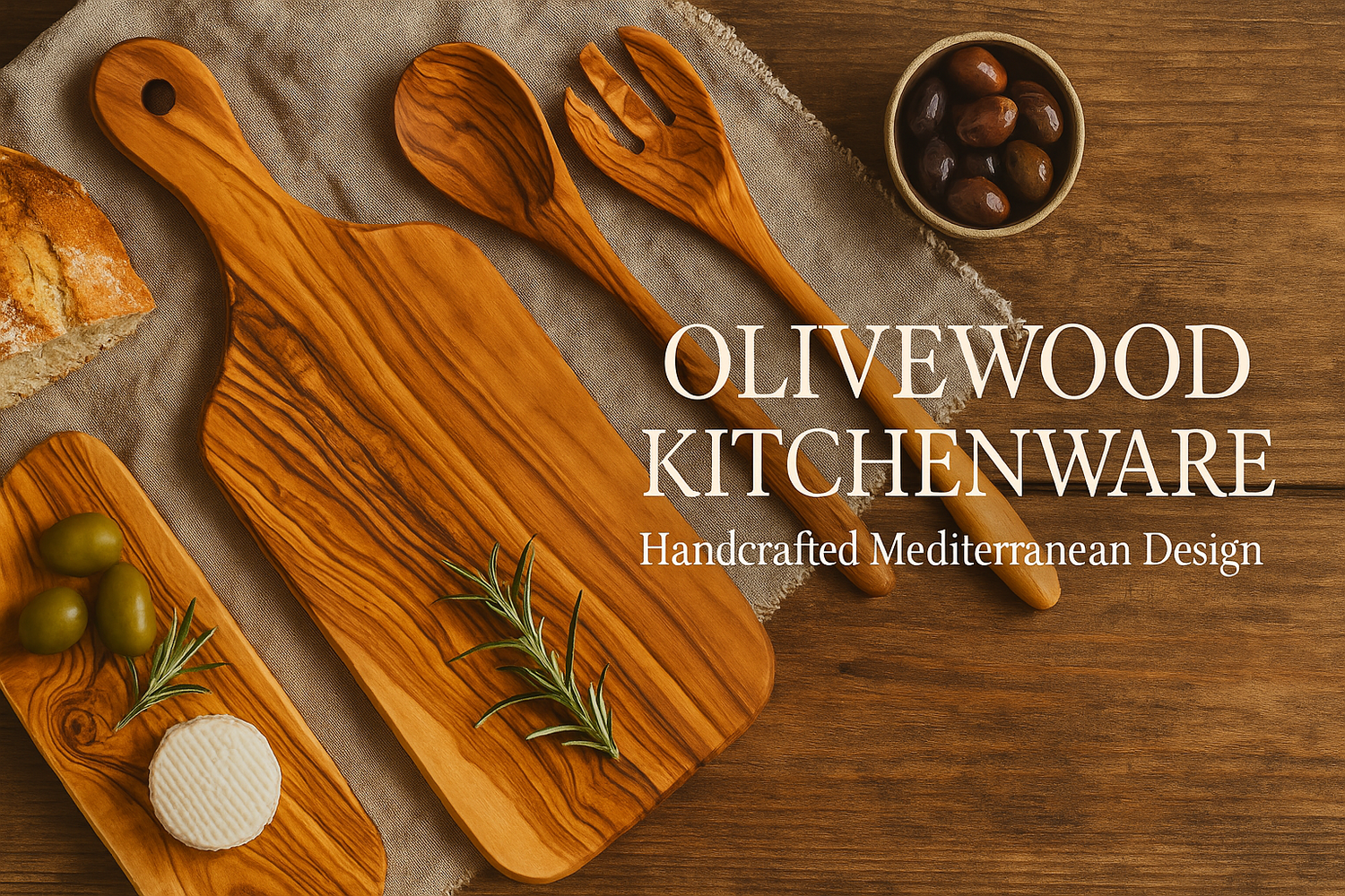 Handcrafted olivewood kitchenware collection including cutting board, spoon, and salad servers with Mediterranean ingredients