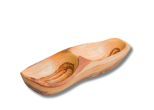 2 sections  rustic olive wood bowl. By Alpha Omega Imports