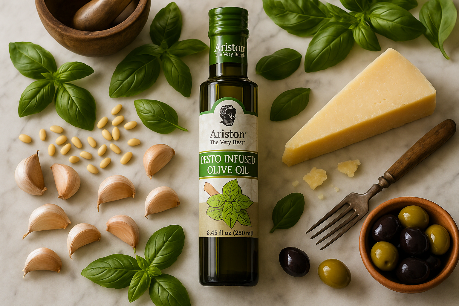 Fresh pesto ingredients with exact bottle