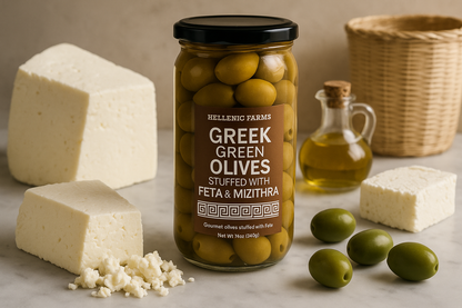 Greek cheese showcase with exact jar