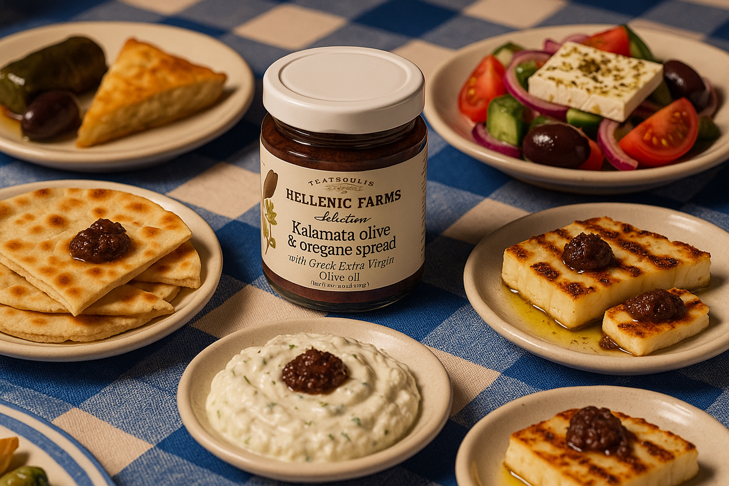 Greek mezze platter with exact jar
