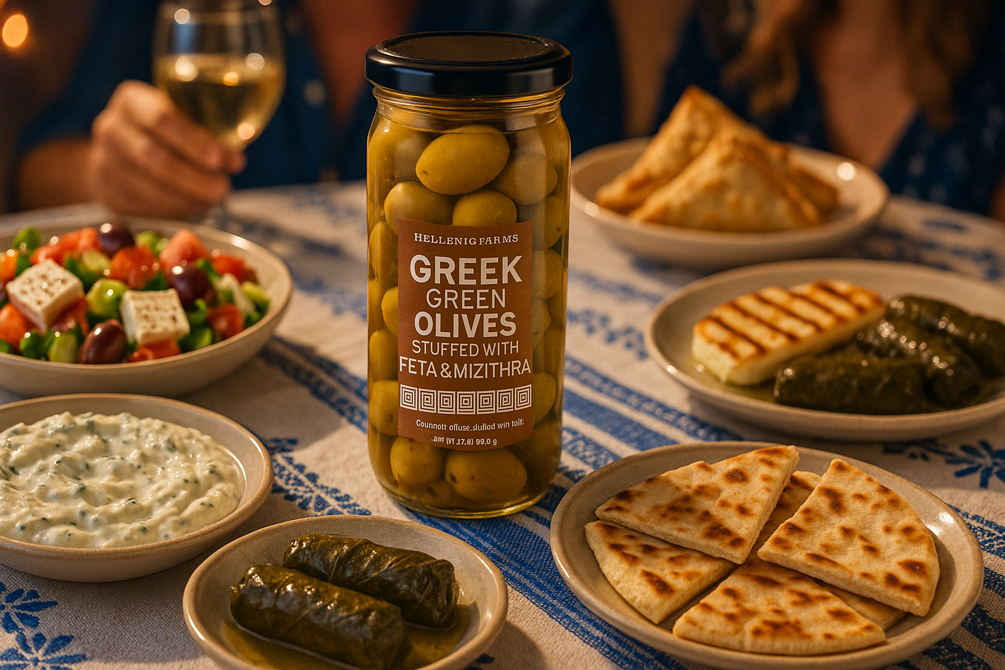 Greek party appetizers with exact jar