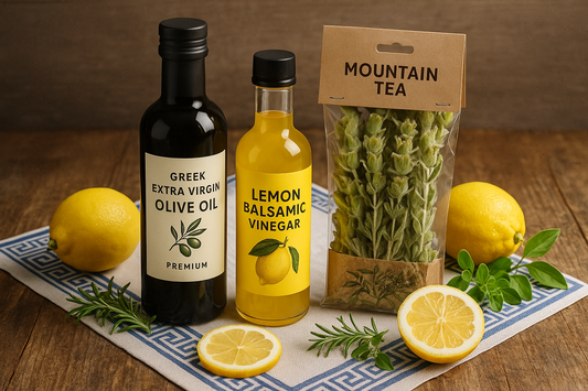 Mediterranean Citrus Culinary Set featuring Greek olive oil, lemon balsamic vinegar, and mountain tea