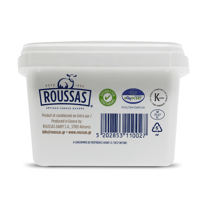 Roussas Greek Feta cheese 2.2 lb. Distributed by Alpha Omega Imports